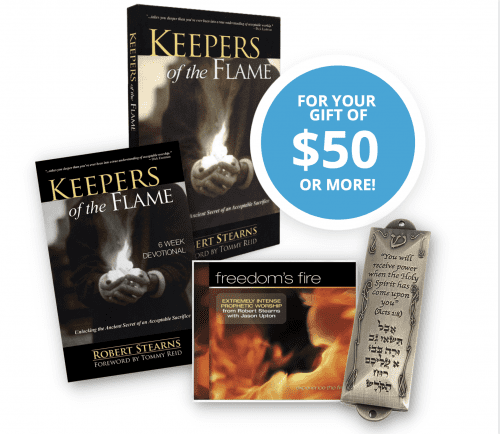 Keepers of the Flame book and 6-week devotional, Freedom's Fire CD, and Acts 1:8 Mezuzah