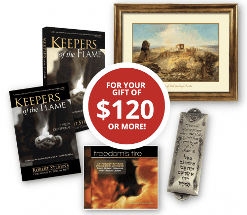 Keepers of the Flame book and 6-week devotional, Freedom's Fire CD, Acts 1:8 Mezuzah, and Lion of Judah Jerusalem Print